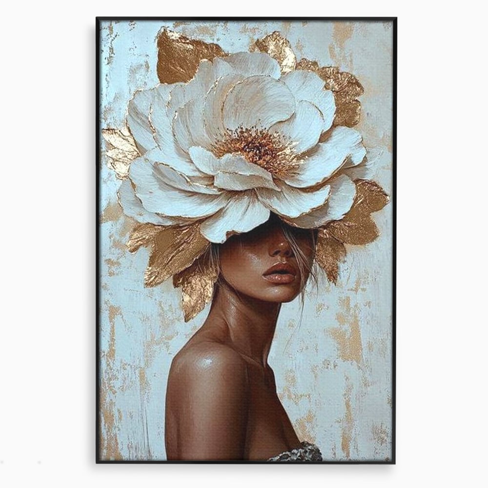 Tablou canvas cu tablou canvas cu portret si floare aurie, in rama de aluminiu negru